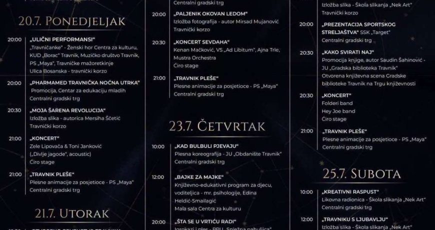 Jubilarno 20. izdanje Travničkih večeri od 18. do 25. jula